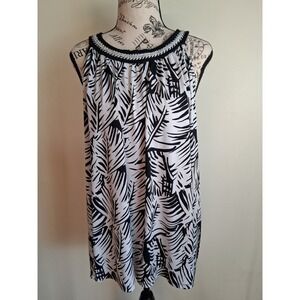 Rickis Womens XXL Black White Tropical Palm Leaf Halter Top Chain Neck Blouse